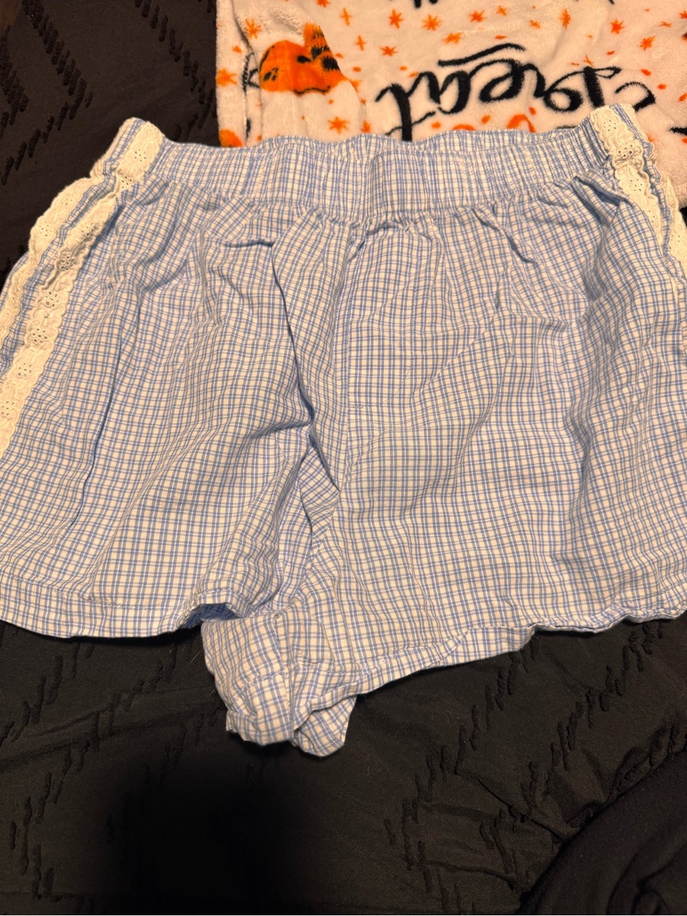 Old Navy Blue and White Plaid Women's Lounge Shorts with Lace Trim